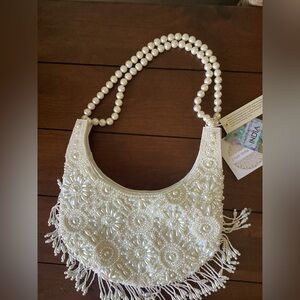Elegant Pearl-Embellished Cream Shoulder Bag
